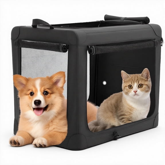 SHOUFTW 24 inch Portable Folding Soft Dog Crate, Easy Assembly Pet Travel Kennel, 3-Door Collapsible Indoor Outdoor Pet Carrier, Black