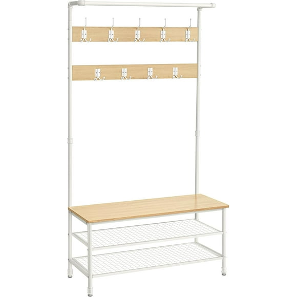 VASAGLE Portemanteau, Arbre de Hall avec Banc de Rangement pour Chaussures pour Entrée, avec 9 Crochets, un Porte-Chaussures, une Tringle à Chaussures, 16.3 x 39.4 x 71.7 Pouces, pour Salon, Chambre, Chêne et Blanc