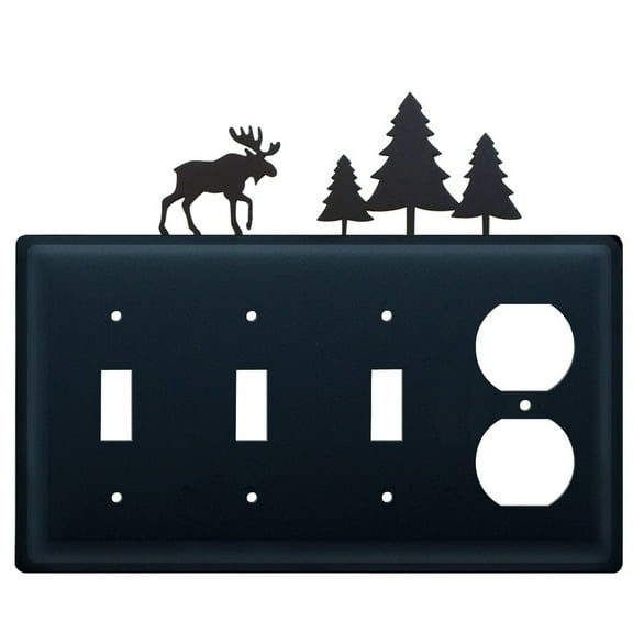 Triple Switch and Duplex Outlet Cover with Moose and Pine Trees Accent, Black