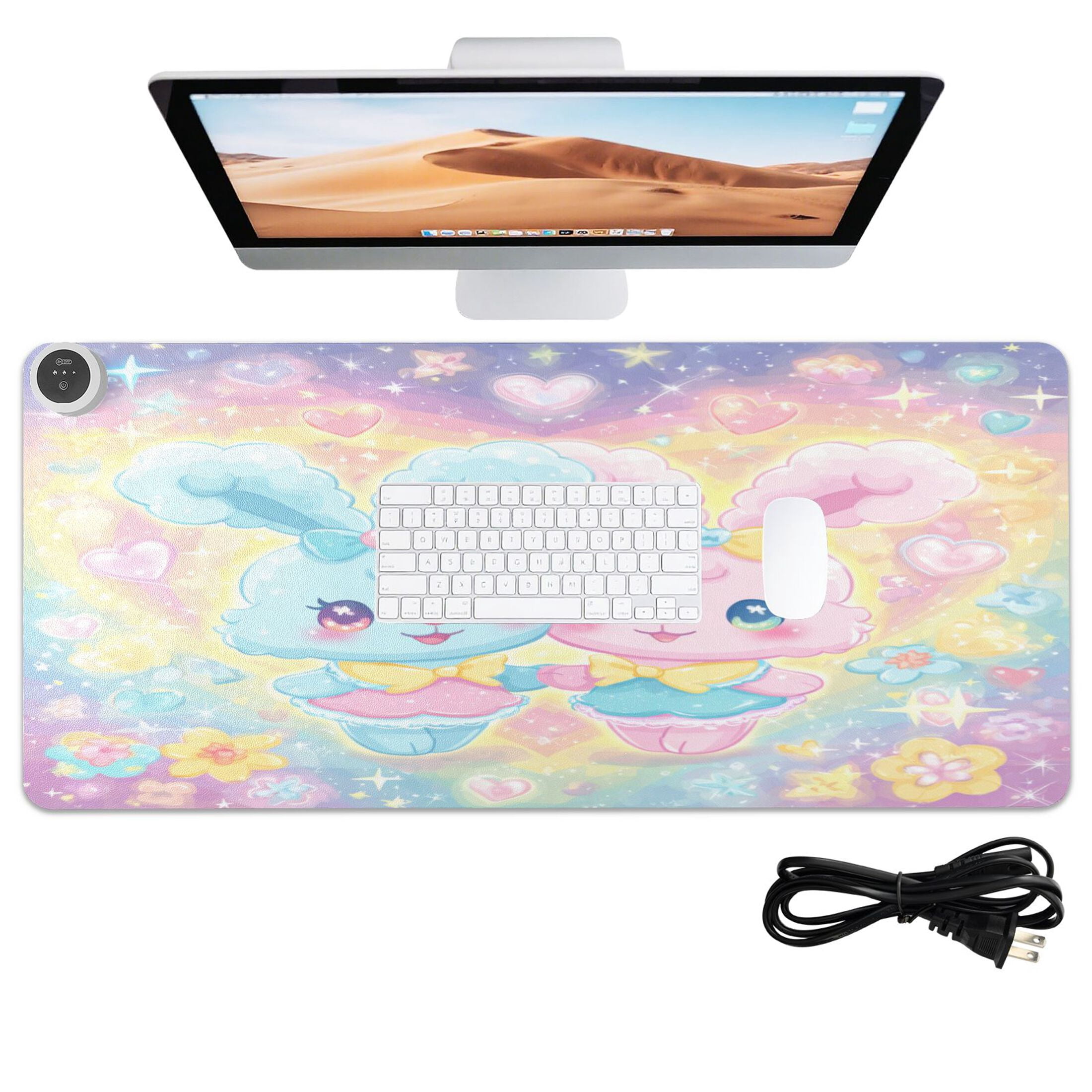 Large Heated Desk Mat Mouse Pad 31.5"x13"PU Leather Graphene Heating Desk Warmer with 3 Temperature Settings 110V US Plug Non-Slip Warm Pad for Home, Office, and Gaming Dreamy Celestial Bunny Duo