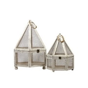 Wooden & Wire Mesh Hexagon Terrarium Set Of Two W/ Jute Rope