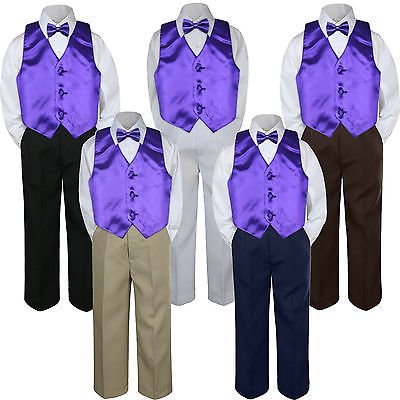 

4pc Boy Suit Set Purple Bow Tie Vest Baby Toddler Kid Pants S-7
