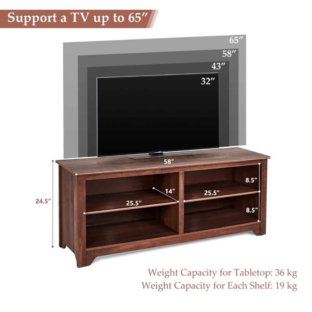 Finihen TV Stand, TV Cabinet, 58 Inch Wood TV Stand for TVs up to 65 Inches with 4 Open Storage Shelves, for Living Room, Bedroom, Brown