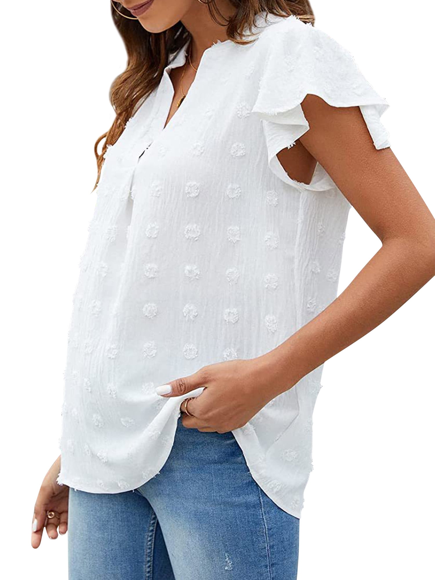 ZXSXSY Women Swiss Dot Ruffle Short Sleeve V Neck Solid