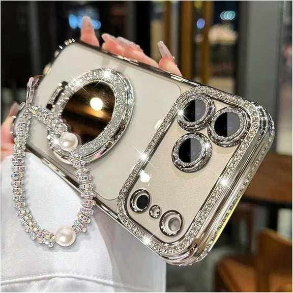 Sparkling Diamond Women's Phone Case with Mirror & Stand for iPhone 16,Luxury Glitter Rhinestone Protective Case with Magnetic Stand Lanyard for iPhone