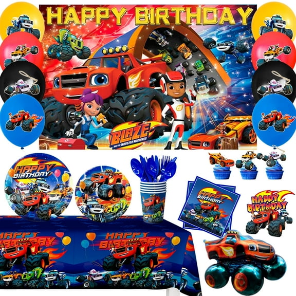 Monster Truck Party Supplies,140pcs Monster Truck Birthday Decorations&Tableware Set-Monster Truck Birthday Plates Cups&Monster Truck Balloons Backdrop etc Monster Party Decorations for Kids