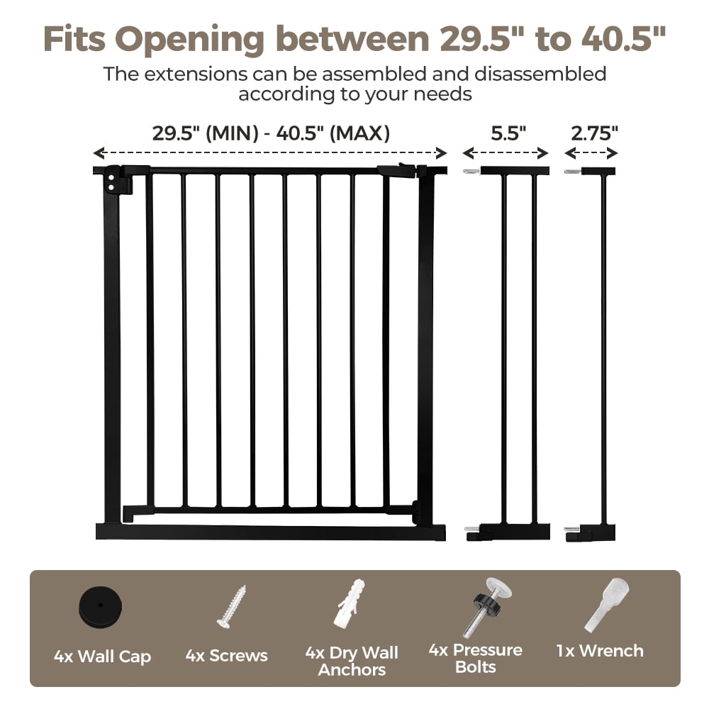 Baby Safety Gate, Dog Gates for Top Stairs Doorway, 29.5''- 40.5''Wide Pressure Mount, Black