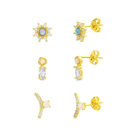 TwoBirch 18k Yellow Gold over Sterling Silver Cubic Zirconia Earring Trio Set (Three Pairs) Opal Halo Studs Marquise and Bezel Opal Earrings Opal Curved Bar Earrings