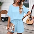 thumbnail image 3 of Zynoxe Two Piece Sets for Women Trendy Claasic Crew Neck Short Sleeve Top Drawstring Waist Shorts Suit Comfy Breathable Cotton Summer Sets Casual Loose Solid Color Vacation Outfits S, 3 of 8