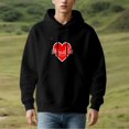 thumbnail image 2 of Men's Black Hoodie with Front Pocket Red Heart Design Featuring White Geometric Building Relaxed Fit with Drawstrings, 2 of 7