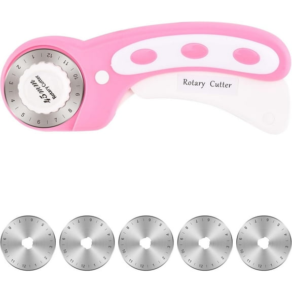 RUseeN 45mm Rotary Cutter for Fabric Safety Lock Ergonomic Classic Comfort Loop Fabric Rotary Cutter for Sewing Quilting Crafting (Extra 5pcs Replacement Blades Included), Pink