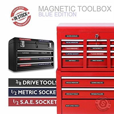 Steellabels - Magnetic Tool Box Organizer Labels (blue edition) organize boxes, drawers & cabinets “Quick & Easy”, fits all brands of ‘Steel’ tool chest Craftsman, Snap-on, Mac
