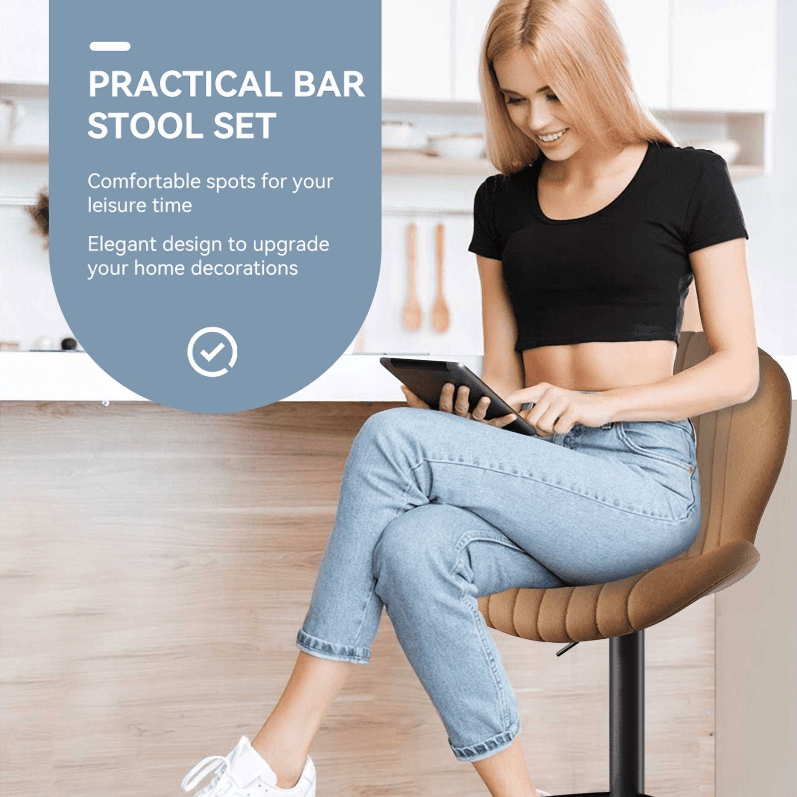 MOONMISS Modern Adjustable Bar Stool Faux Leather Bar Stool, Brown(Set of 2)