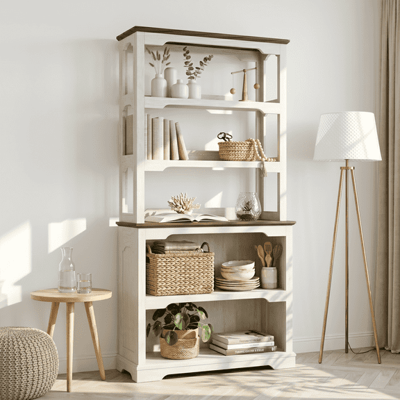 70" Farmhouse Bookshelf, 5-Tier Display Storage Shelf, Anti-Tip Device for Living Room, Bedroom, Home Office