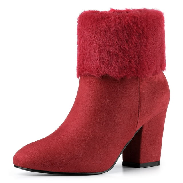 Unique Bargains Women's Faux Fur Block Heel Snow Ankle Boots Red (Size 8)