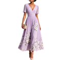 thumbnail image 3 of KLHDSF Dresses For Women Deep V-Neck Short Sleeve Fit And Flare Causal Floral Summer Dress Light Purple L, 3 of 5