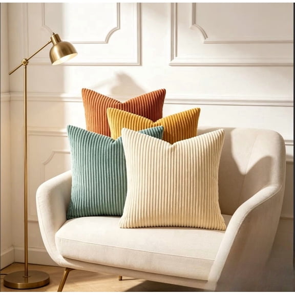 Decorative Throw Pillow Covers Set of 4, Soft Corduroy Cushion Cases with Gradient Color Design, Hidden Zipper, 18 x 18 Inch, Orange, Mustard, Teal & Cream