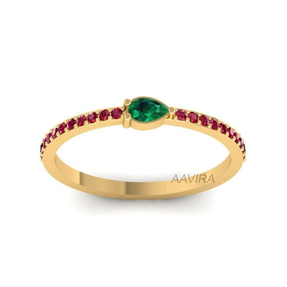 Round and Pear Emerald Ruby Promise Ring for Women, 14K Yellow Gold Plated Delicate Gemstone Ring