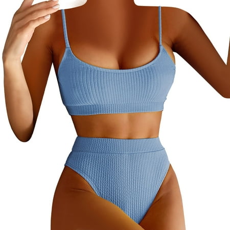 Spentoper Women Sexy Two Piece Swimsuit Solid Swimwear Bathing Strap Bikini Splicing Swimwears Tankinis Set Blue L
