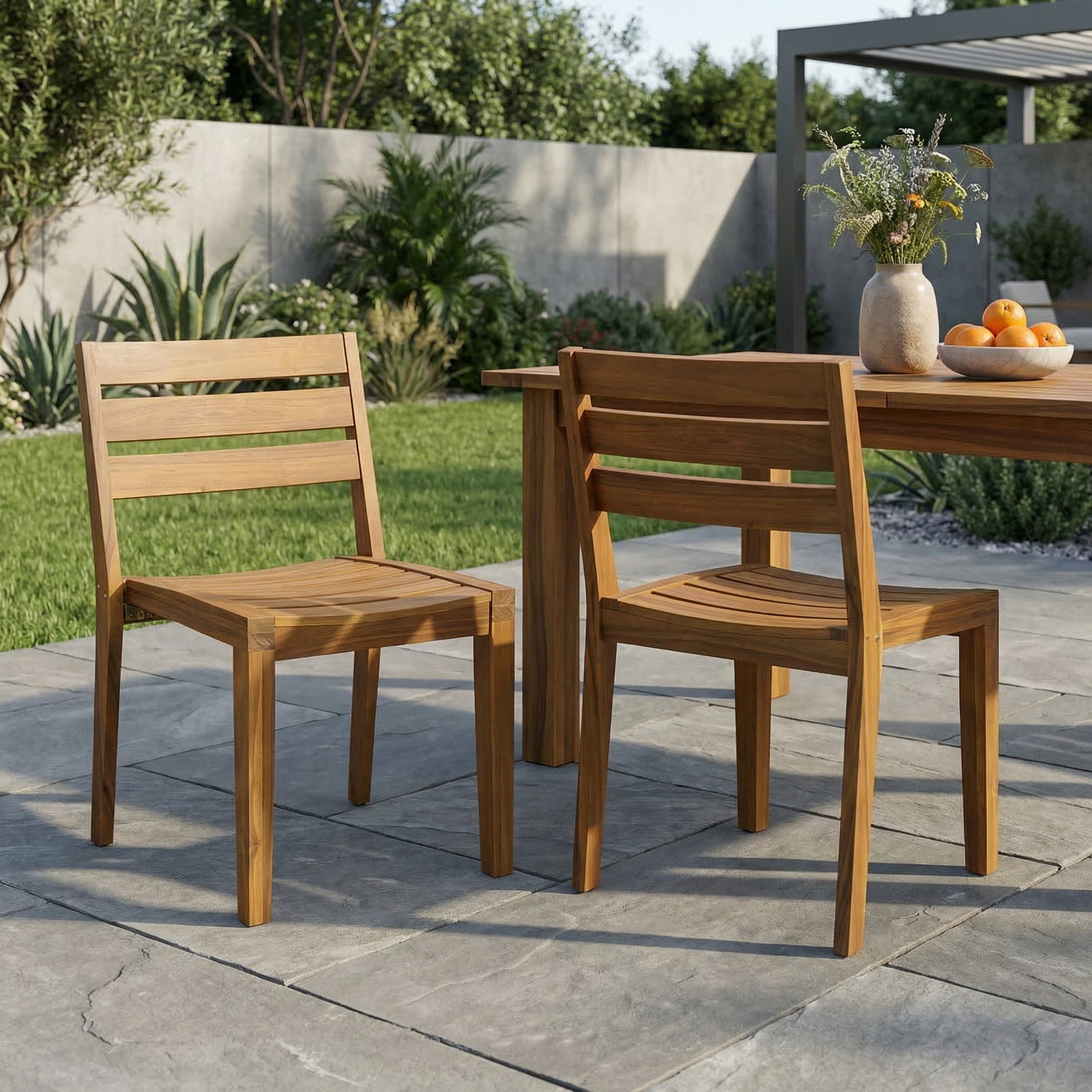 Dining Side Chair Set of 2, Outdoor Acacia Wood Teak Finish Chair for Patio Garden, Teak