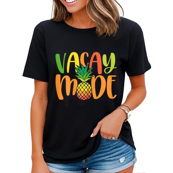 Vacay Mode Shirt Women Cute Pineapple Graphic Funny Letter Print T Shirt Black Medium