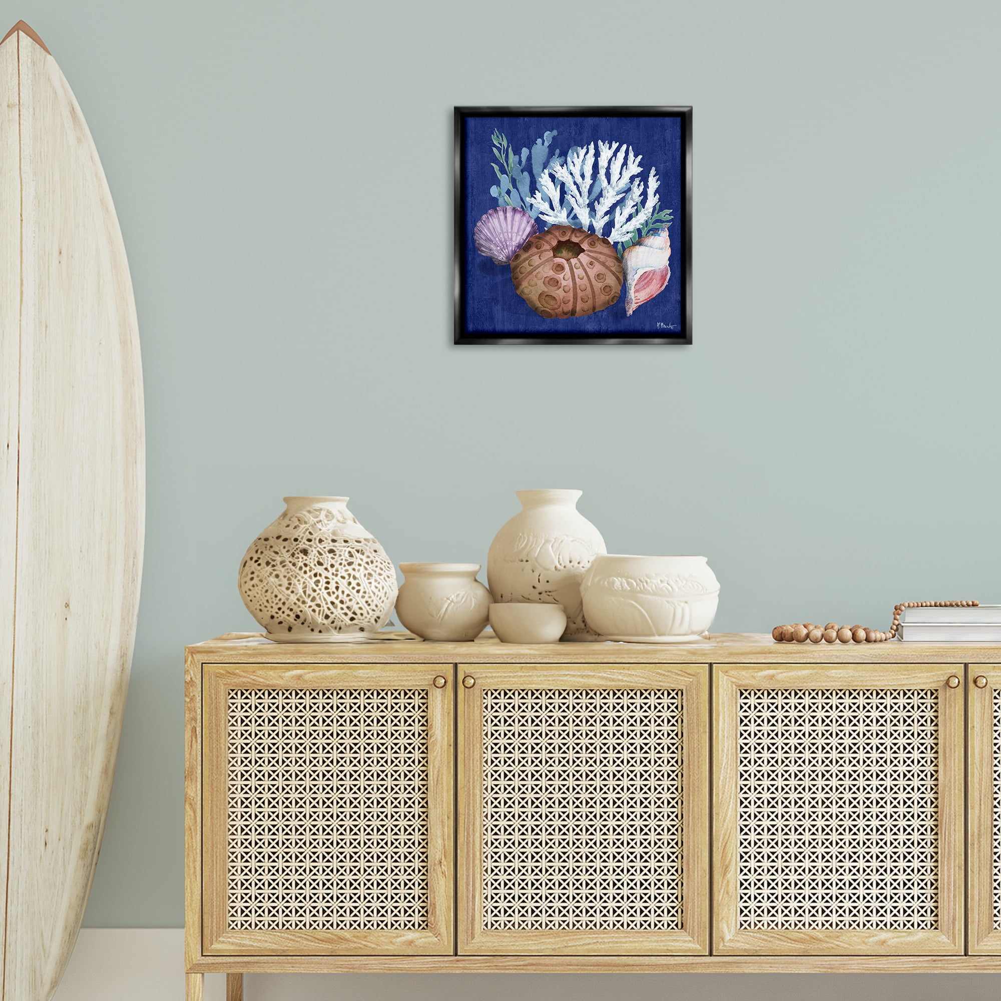 Stupell Industries Urchin & Coral Still Life Coastal Painting Black Floater Framed Canvas Art Print Wall Art, 18 x 18