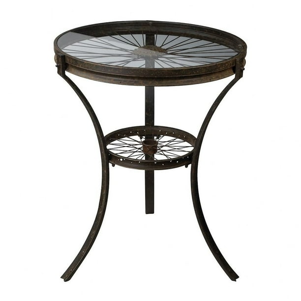 Round Accent Table In Restoration Rusted Black Finish With 3 Legs Material Glass Metal Bailey Com Round Accent Table In Restoration, 3 Leg Round Decorator Table
