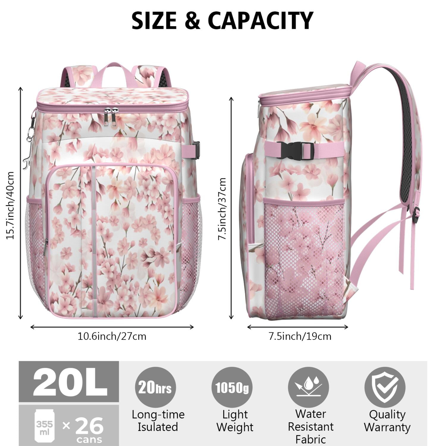 Travel Cooler Bag - Pioneer Flower Floral Print Pattern Camping Beer Cooler Backpack with Bottle Opener- Waterproof Insulated Picnic Backpacks - Cooler Bag for Beach
