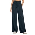 thumbnail image 3 of Women's Drawstring Wide Leg Pants with Pockets for Women Casual Elastic Waist Soft Flowy Trousers with Pockets, Travel Lounge Business | VerBelle,Navy M, 3 of 7