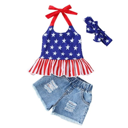 

Baby Girl Clothes Set Sleeveless Star Striped Prints Vest Tops Denim Shorts Teen Girls Clothing Sets 3-4 Years