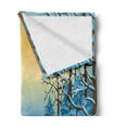 thumbnail image 2 of Winter Soft Flannel Fleece Throw Blanket, Forest View Graphic Display Print with Snowy Path Between Trees and Sun on Sky, Cozy Plush for Indoor and Outdoor Use, 60" x 80", Blue Yellow, by Ambesonne, 2 of 5