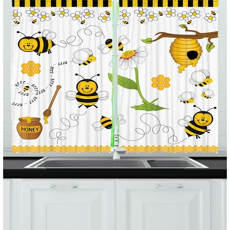 Collage Curtains 2 Panels Set, Flying Bees Daisy Honey Chamomile Flowers Pollen Springtime Animal Print, Window Drapes for Living Room Bedroom, 55W X 39L Inches, Yellow White Black, by (Best Flowers For Honey)