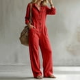 thumbnail image 5 of WULMLEO Wide Leg Rompers Women Cotton Linen Workout V Neck Button Front Long Sleeve One Piece Overall Casual Fashion Lounge Going Out Overalls with Multi Pockets Red S, 5 of 6