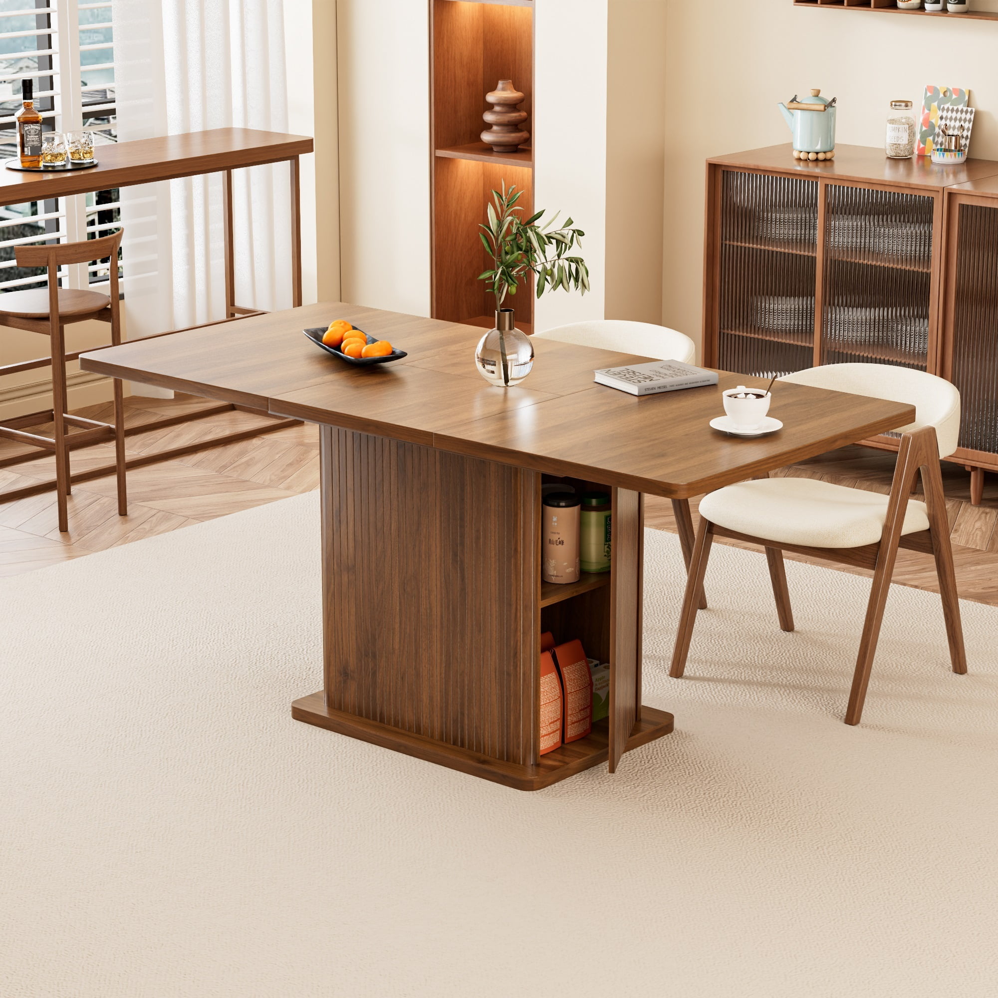 Extendable Dining Table for 4-8, Rectangle Dining Room Table with Storage, Modern Kitchen Table for Dinner, Living Room, Walnut