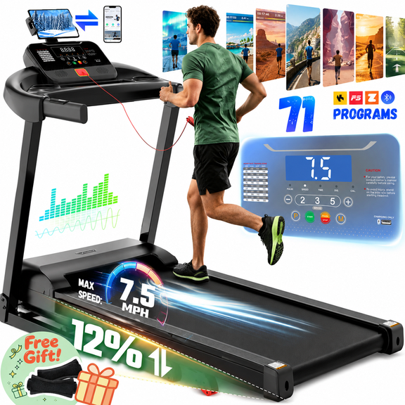 5 in-1 Treadmill with 7.5MPH, 3.45 Incline Treadmill for Home,64 3 3 1 Programs, 320LBS Capacity, 6 LCD Screens, Smart APP Control, Exercise Treadmill Running Walking Machine with Knee Straps