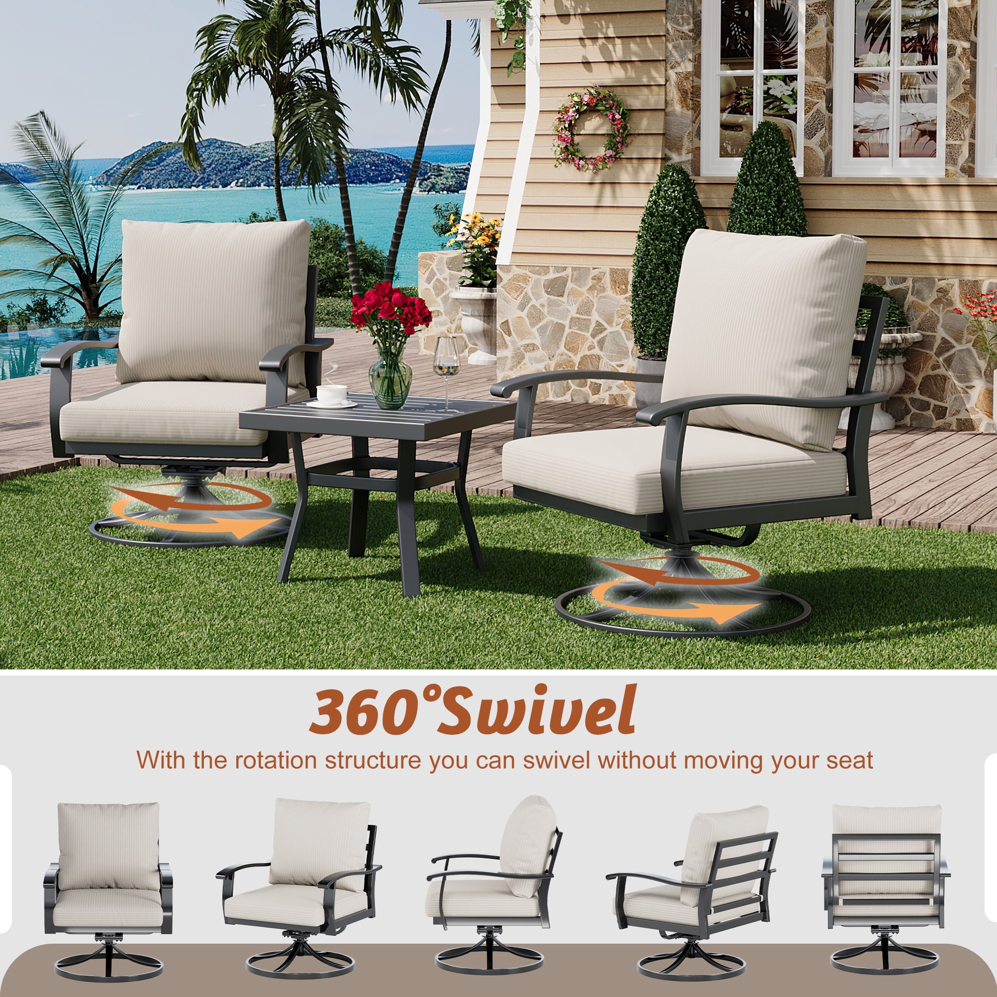 HOMREST Outdoor Swivel Rocker Patio Chairs with Coffee Table 3 PCS Bistro Set, 360 Degree Swivel Rocking Chair Patio Conversation Set with Thickened Cushions for Garden, Deck and Poolside