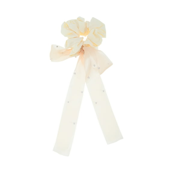 Unique Bargains 1 Pc Scrunchie Fashion Mesh Ribbon Pearl Hair Elastics Beige