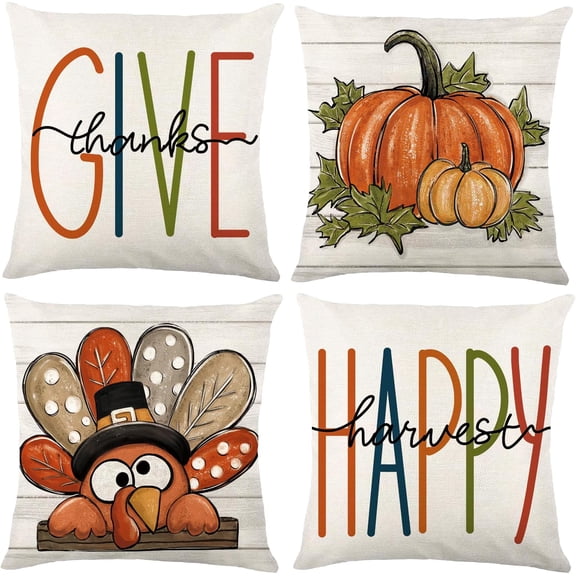 4 Pack Thanksgiving Pillow Covers Decoration,18x18in Farmhouse Pumpkin Turkey Fall Throw Pillows Cushion Case Couch Decor for Autumn Home Outdoor Decorations