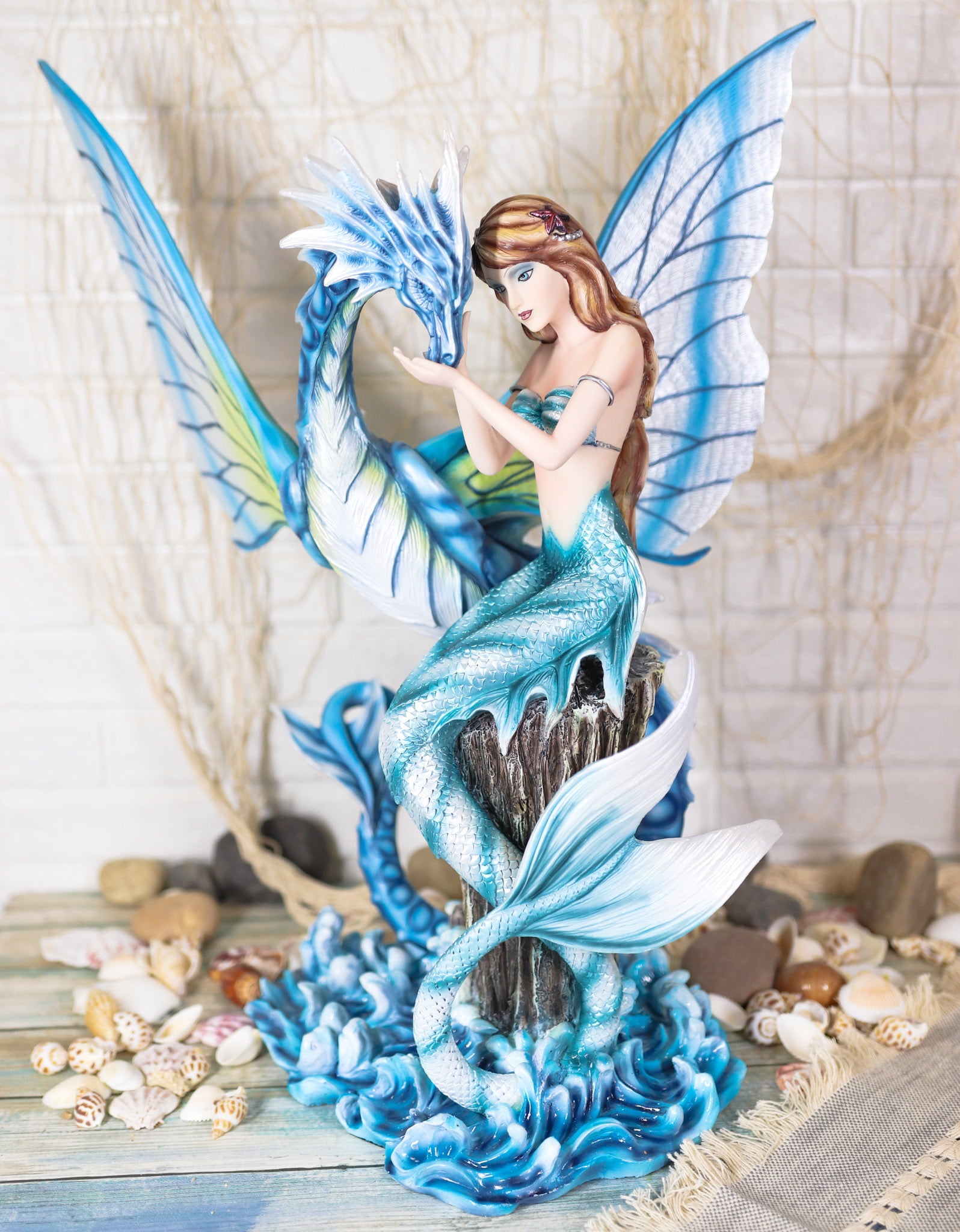 Elemental Ice Goddess Blue Gothic Fairy with Dragon Hatchling Figure Home Decor