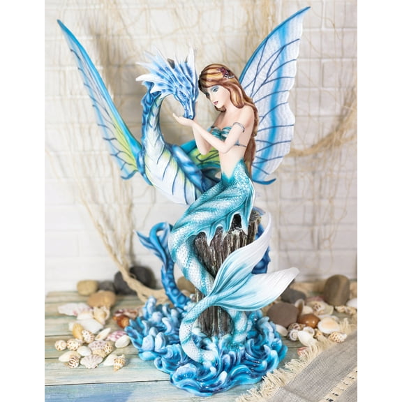 Ebros Large Nautical Blue Mermaid Feeding Leviathan Ocean Dragon Fairy Statue