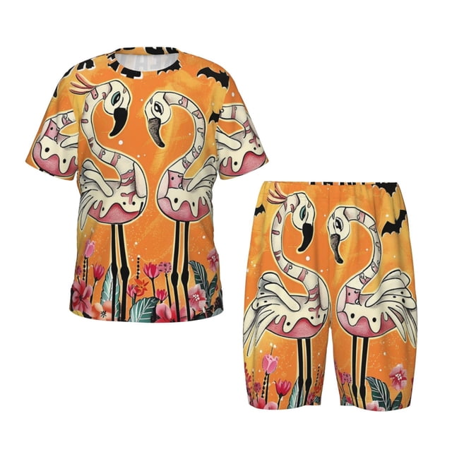 Sikiie Ensemble de Pyjama à Manches Courtes pour Enfants Imprimé Flamants Roses d'Halloween, Haut à Col Rond avec Taille Élastique et Shorts, Ensemble Deux Pièces, Adapté pour Pyjama et Vêtements de Maison-Moyen