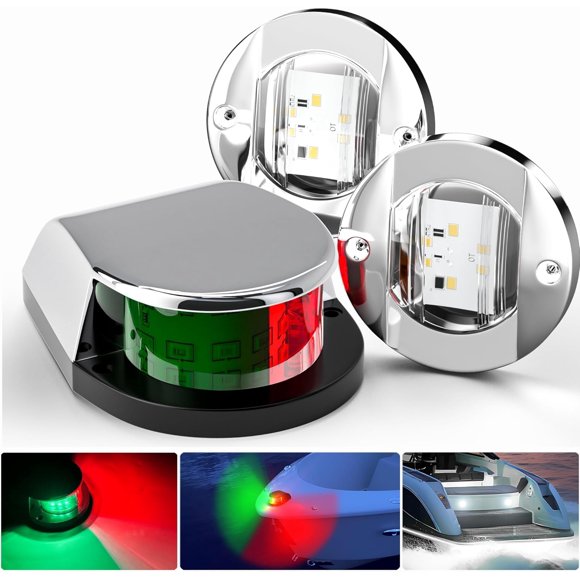 Lumières de Navigation pour Bateau à DEL Étanches, Lumières de Pont Avant/arrière Marines avec Lunettes Chromées, Ensemble de 3 Pcs