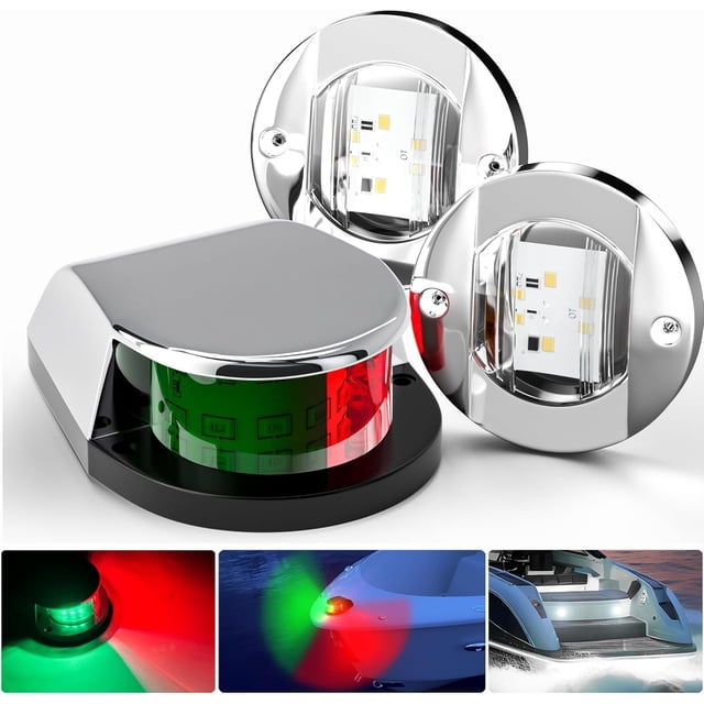 LED Boat Navigation Lights Waterproof Marine Bow Stern Deck Lights with Chrome Bezels 3 Piece Set