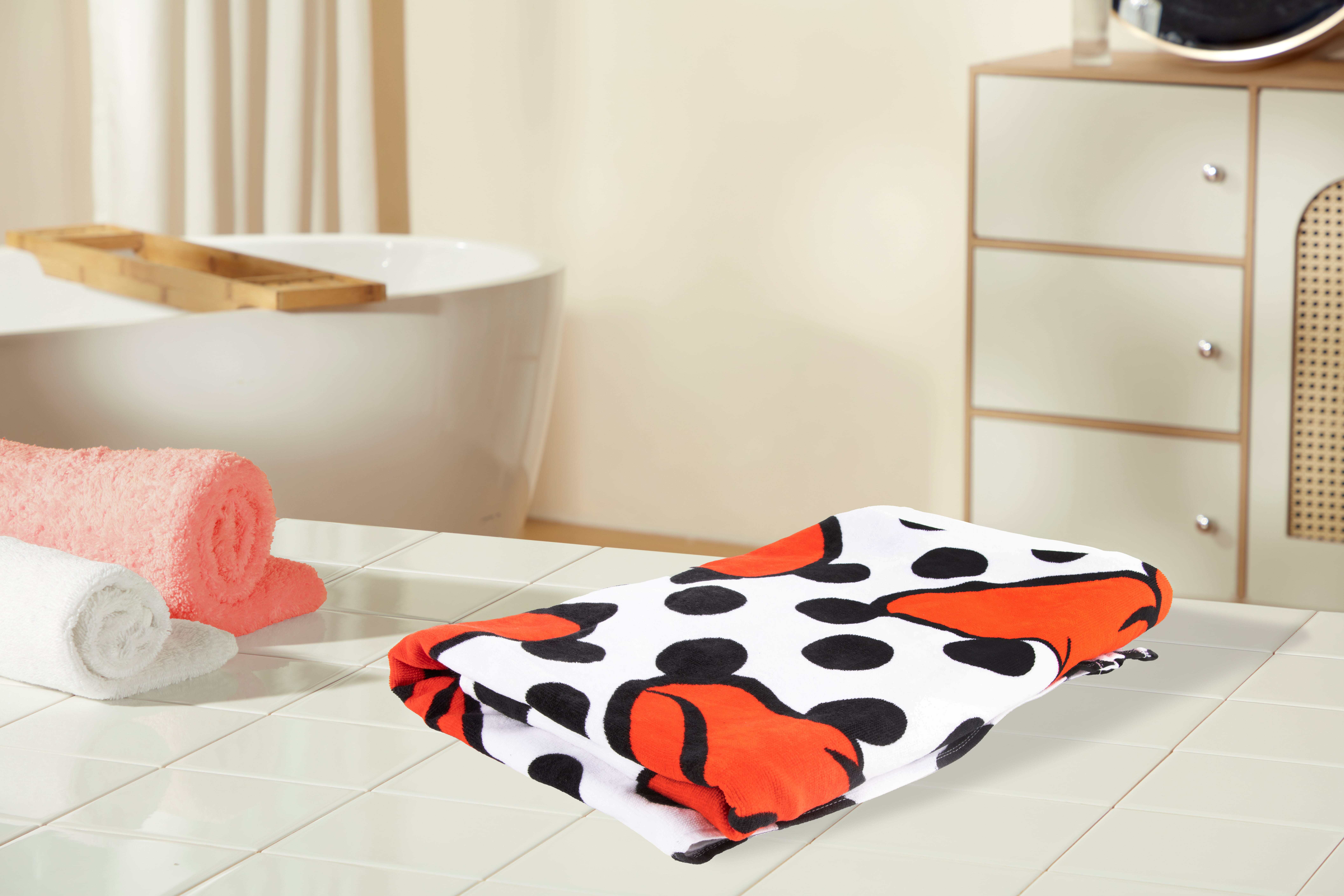 Minnie Mouse Bows and Dots 34" x 64" Oversized Bath Towel, Cotton, Red & White, Disney