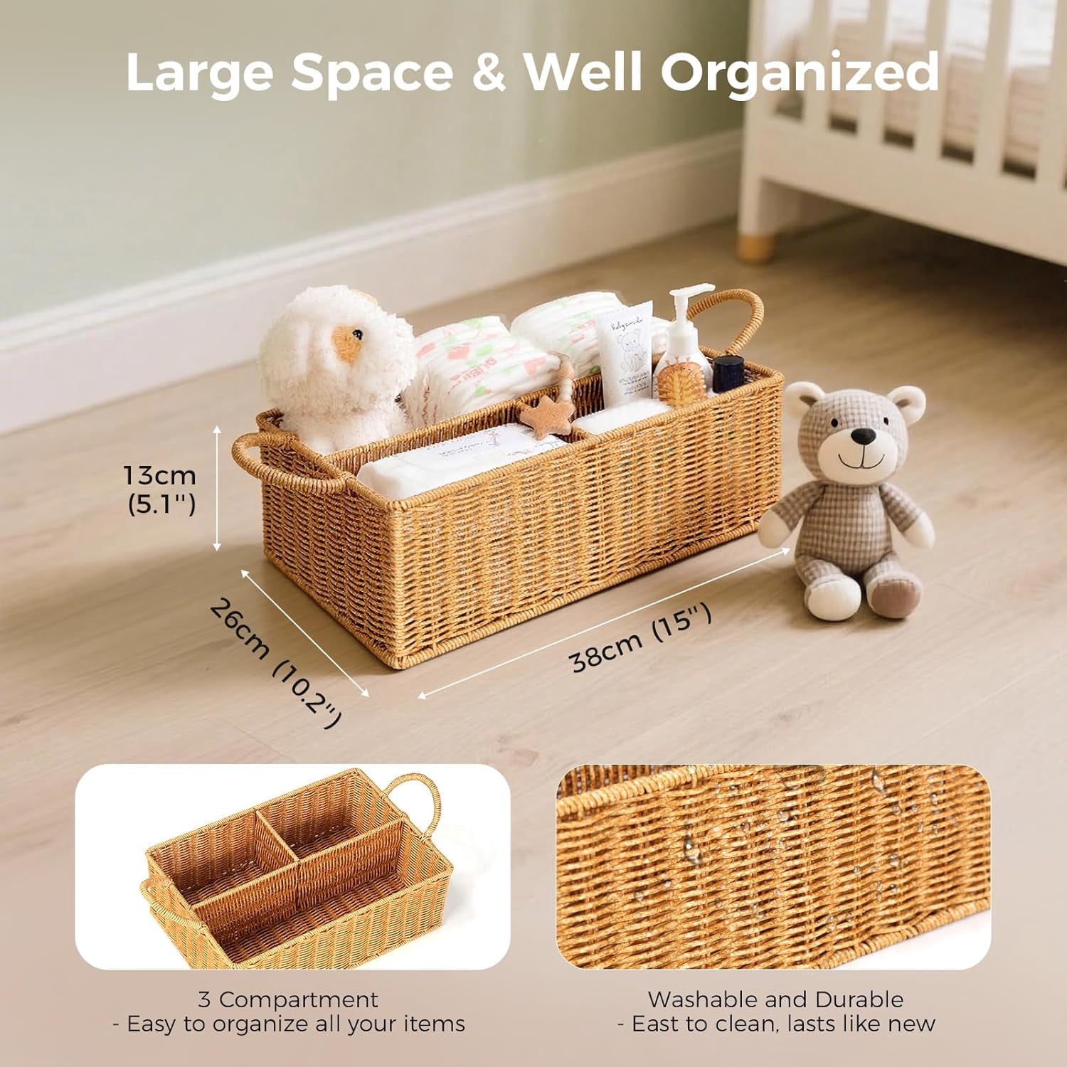 Diaper Caddy Organizer, Hand Rattan Nursery Baby Basket Changing Table Organizer for Baby Essentials, Baby Shower Gifts, Versatile Shelf Basket Bathroom/Kitchen Organizer (Natural, L)
