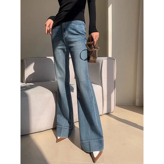 HLSOHJP Women's Vintage Style High Waisted Wide-leg Flare Jeans Cool Girl Retro Washing Blue Bell-bottom Pant Female Thin Denim Trousers