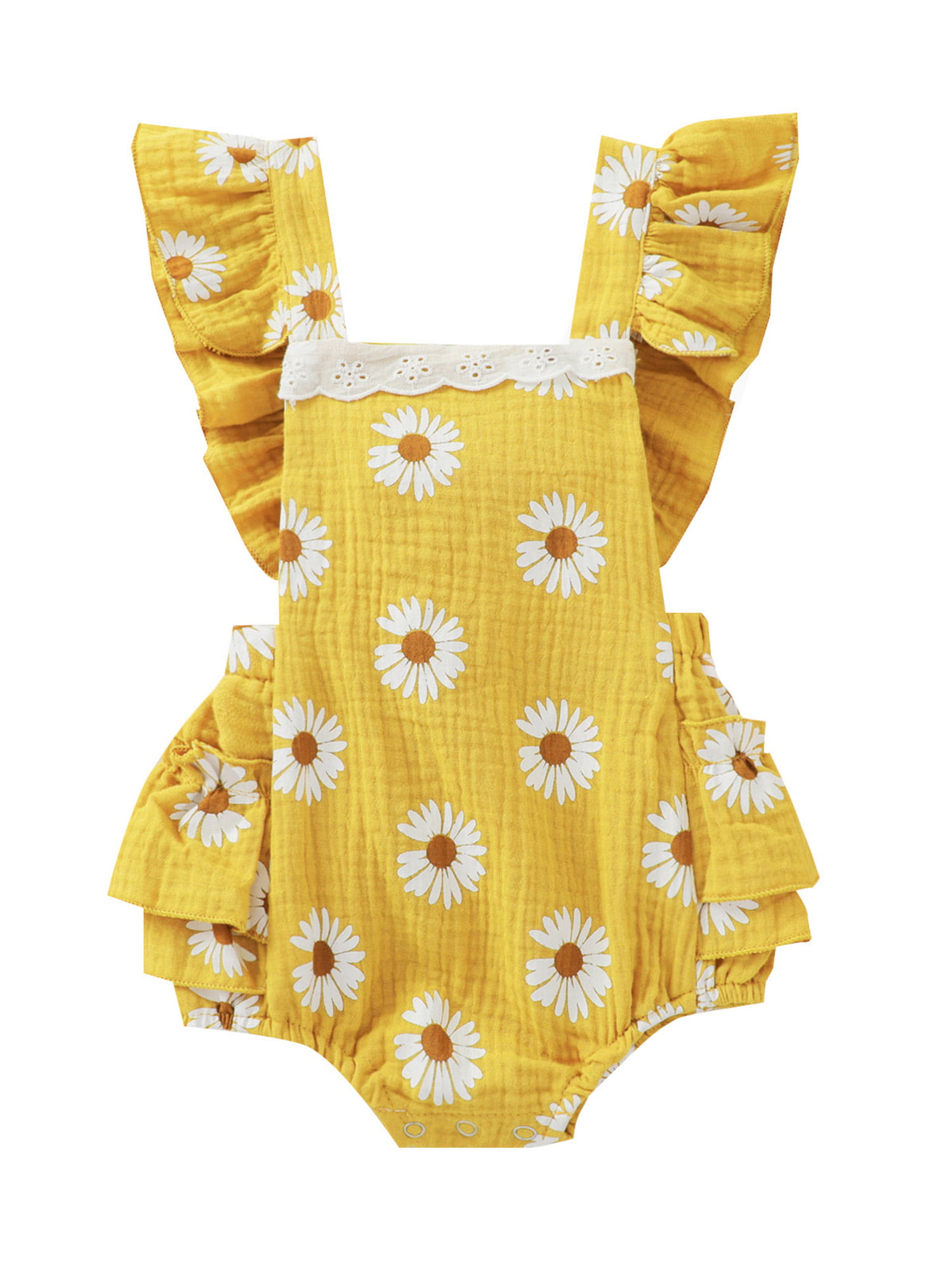 Baby Girls Mustard Yellow Lace Romper Strappy One Piece Jumpsuit Outfit 3m 6m 9m 