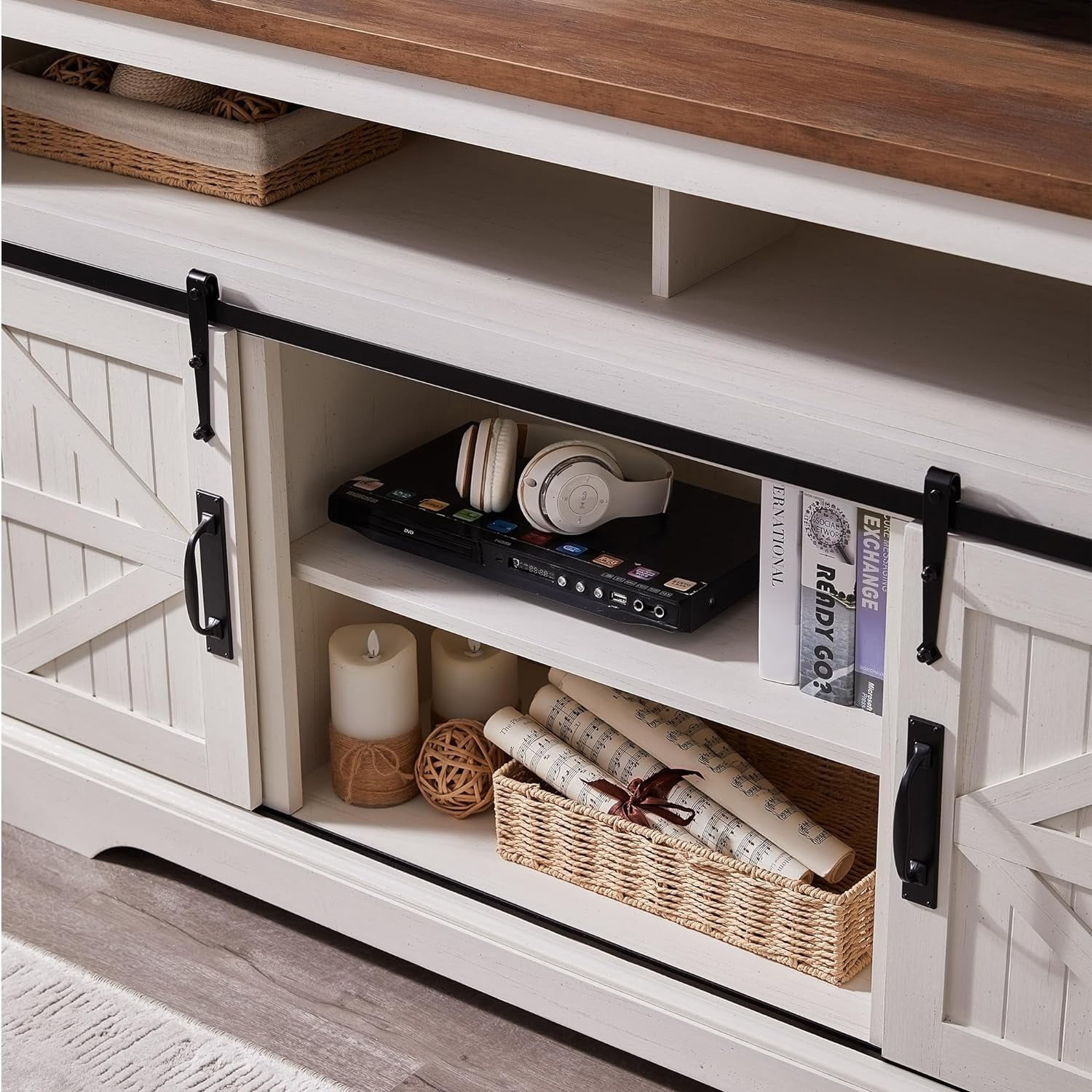OKD Farmhouse TV Stand for TVs up to 70", Rustic Console Entertainment Center Television Table with Adjustable Shelf for liveing Room, Antique White
