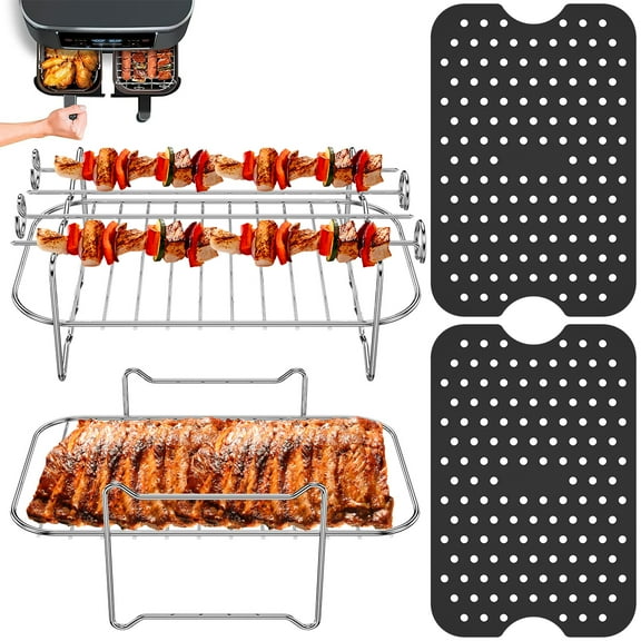 Ghojet 4Pcs Air Fryer Accessories Set with 2 Air Fryer Silicone Mat 2 Stainless Steel Air Fryer Rack with 4 Skewers Reusable