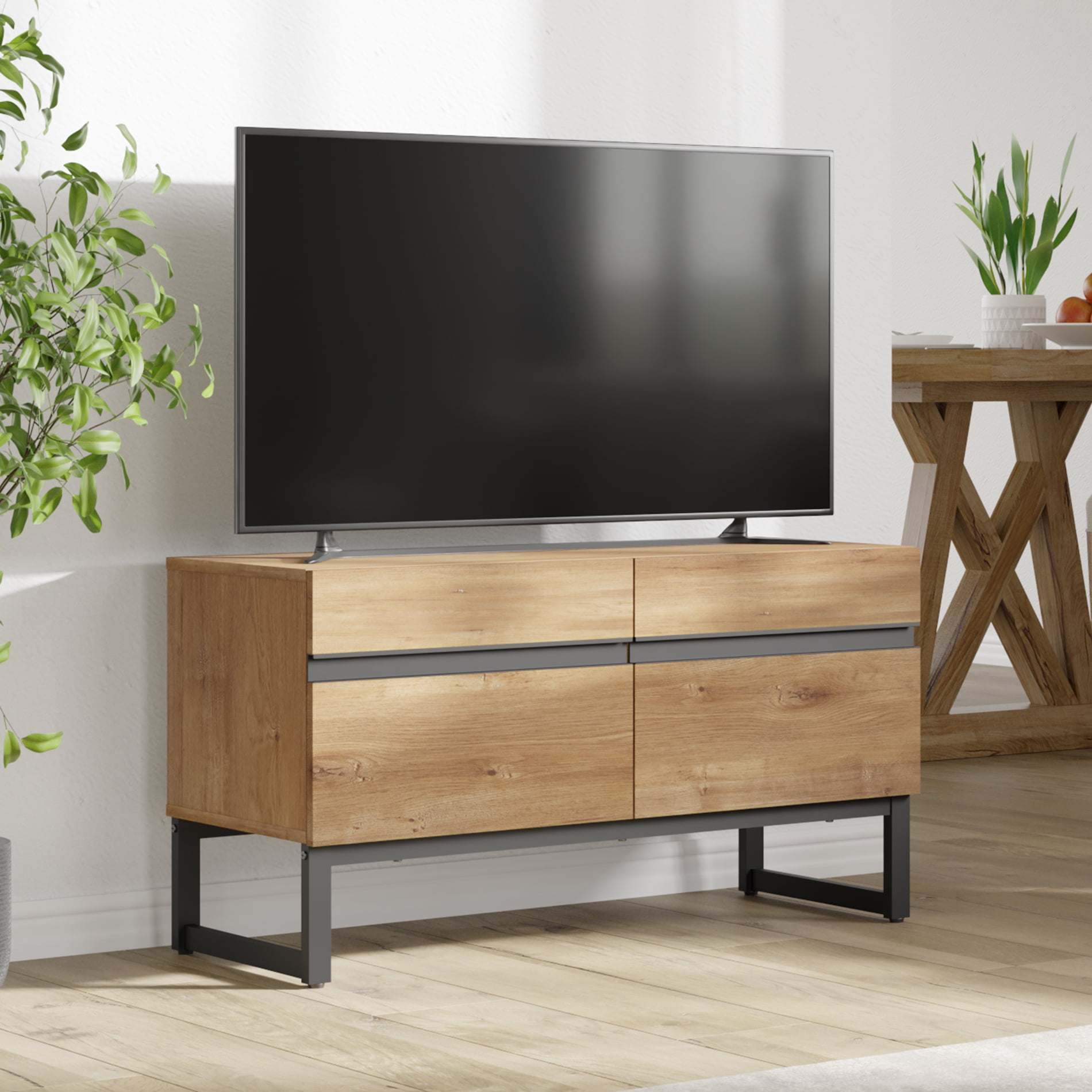 Modern 3-Piece Living Room Set, 35 Inch TV Stand And 2 End Table Sets With 2 Drawers, Media Console with Storage Shelves, Sturdy Wood Frame & Metal Legs, Contemporary Furniture for Living Room,Oak